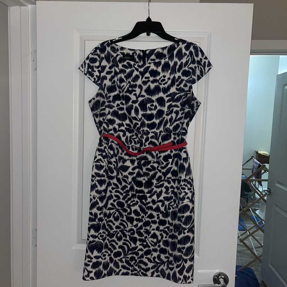 White and Navy Dress with Coral Belt - Size 16